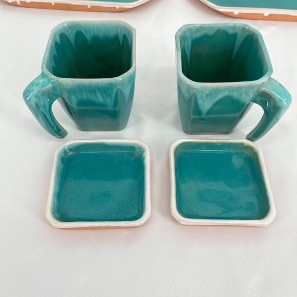 Vintage Turquoise Ceramic Dinnerware Set 6 Pieces Square Plates & Mugs - Picture 8 of 13